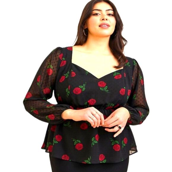 TORRID Plus Size New Peplum Chiffon Clip Dot Floral Rose Puff Sleeve Top. - Picture 7 of 16